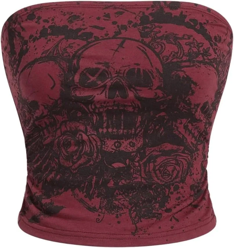 SOLY HUX Women's Y2k Goth Tube Crop Top Skull Print Strapless Sleeveless Bandeau Tops