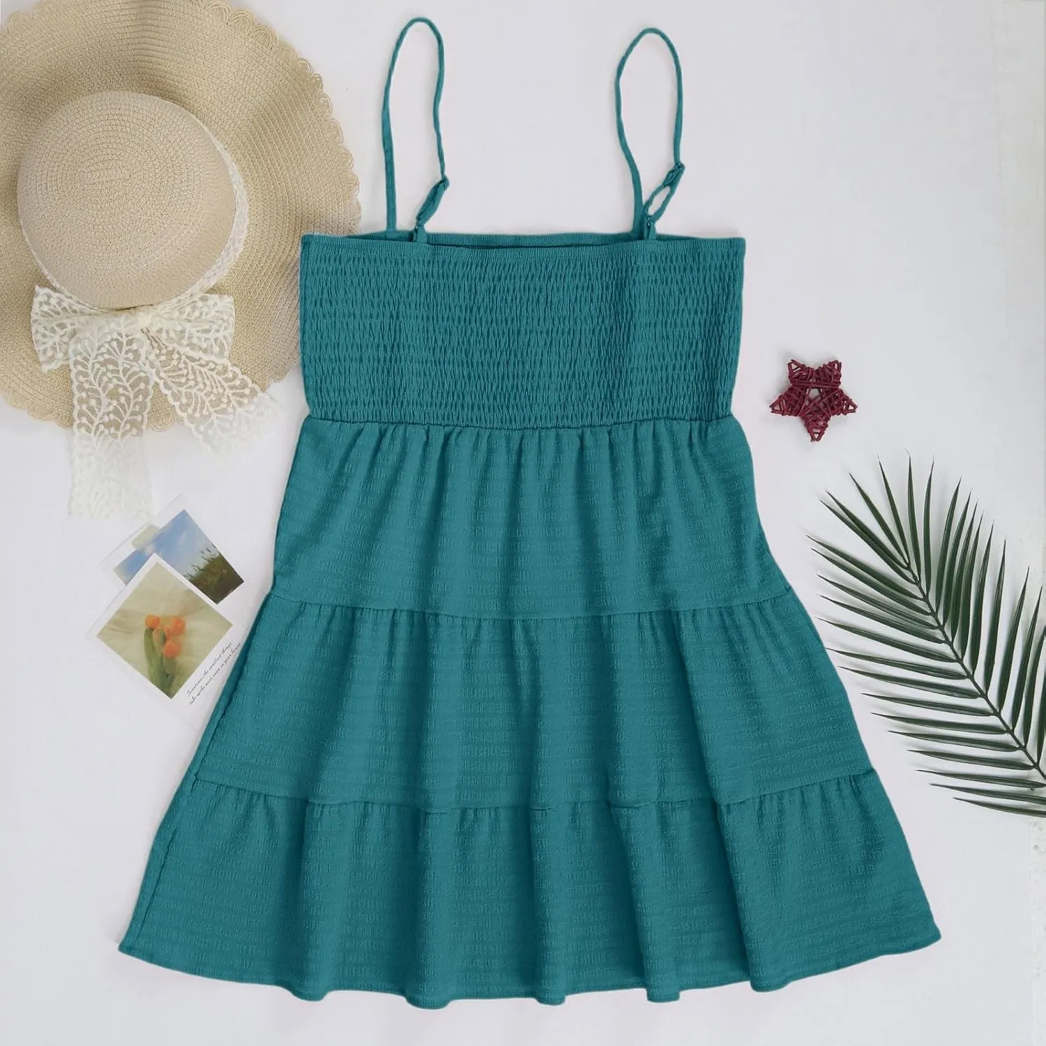 Sundresses for Women Spaghetti Strap Sleeveless Short Smocked Swing A Line Cami Dresses Vacation Beach Outfits