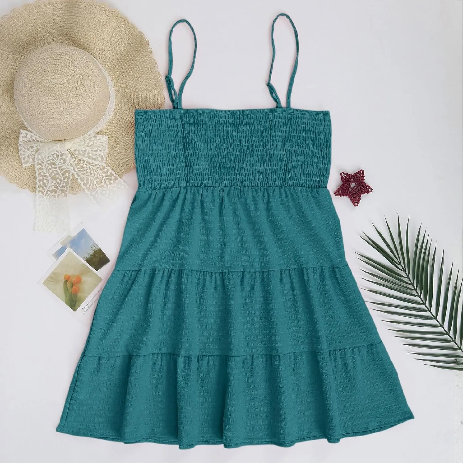 Sundresses for Women Spaghetti Strap Sleeveless Short Smocked Swing A Line Cami Dresses Vacation Beach Outfits