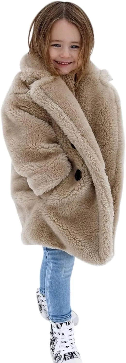 Toddler Baby Girls Faux Fur Teddy Long Coat Kids Winter Fleece Jacket Thick Warm Outwear Clothes Fuzzy Jacket