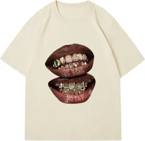 Verdusa Women's Lips Print Graphic Tees Y2k T Shirts Summer Crew Neck Vintage Going Out Tops