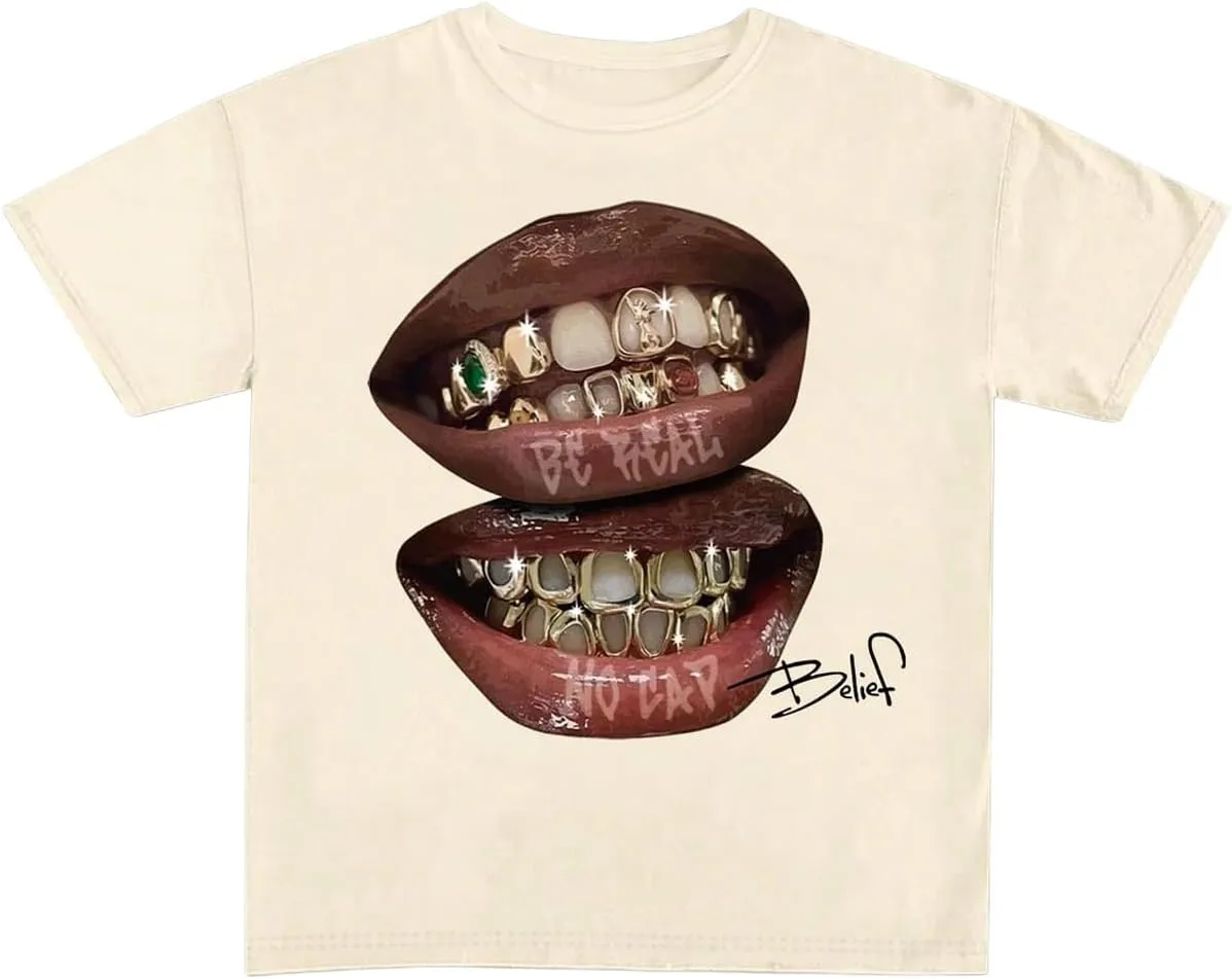 Verdusa Women's Lips Print Graphic Tees Y2k T Shirts Summer Crew Neck Vintage Going Out Tops