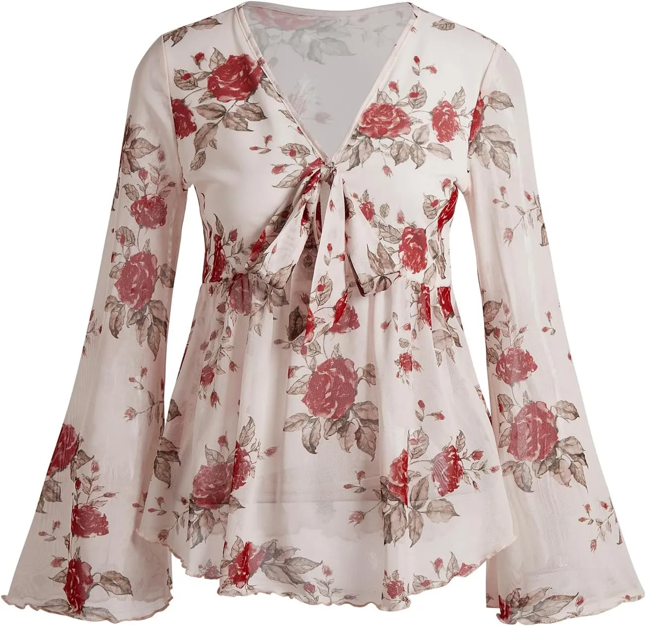 Verdusa Women's Paisley Boho 70s Mesh Tops Western Outfits Lettuce Trim Peplum V Neck Long Sleeve Blouse Top