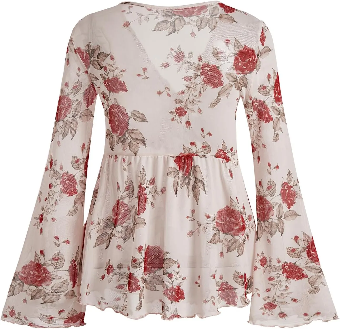 Verdusa Women's Paisley Boho 70s Mesh Tops Western Outfits Lettuce Trim Peplum V Neck Long Sleeve Blouse Top