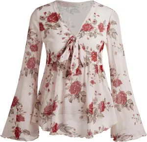 Verdusa Women's Paisley Boho 70s Mesh Tops Western Outfits Lettuce Trim Peplum V Neck Long Sleeve Blouse Top