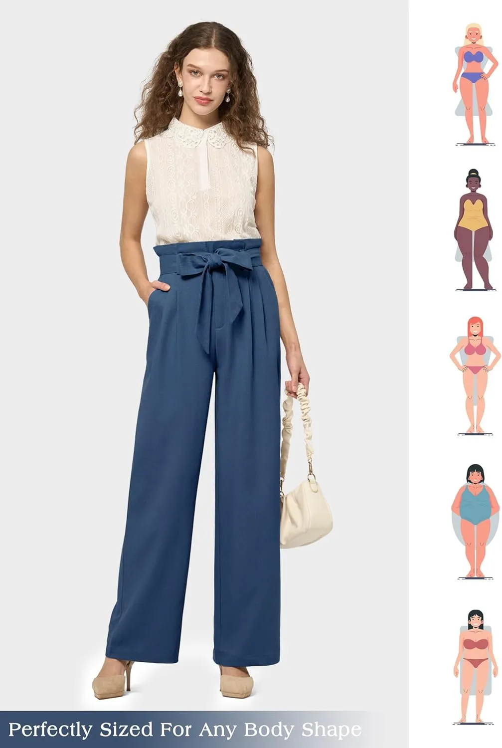 Willit Women Linen Pants Casual Wide Leg Dress Pants High Waisted Paperbag Work Trousers Summer Tie Knot Pockets 28"/30"/32''
