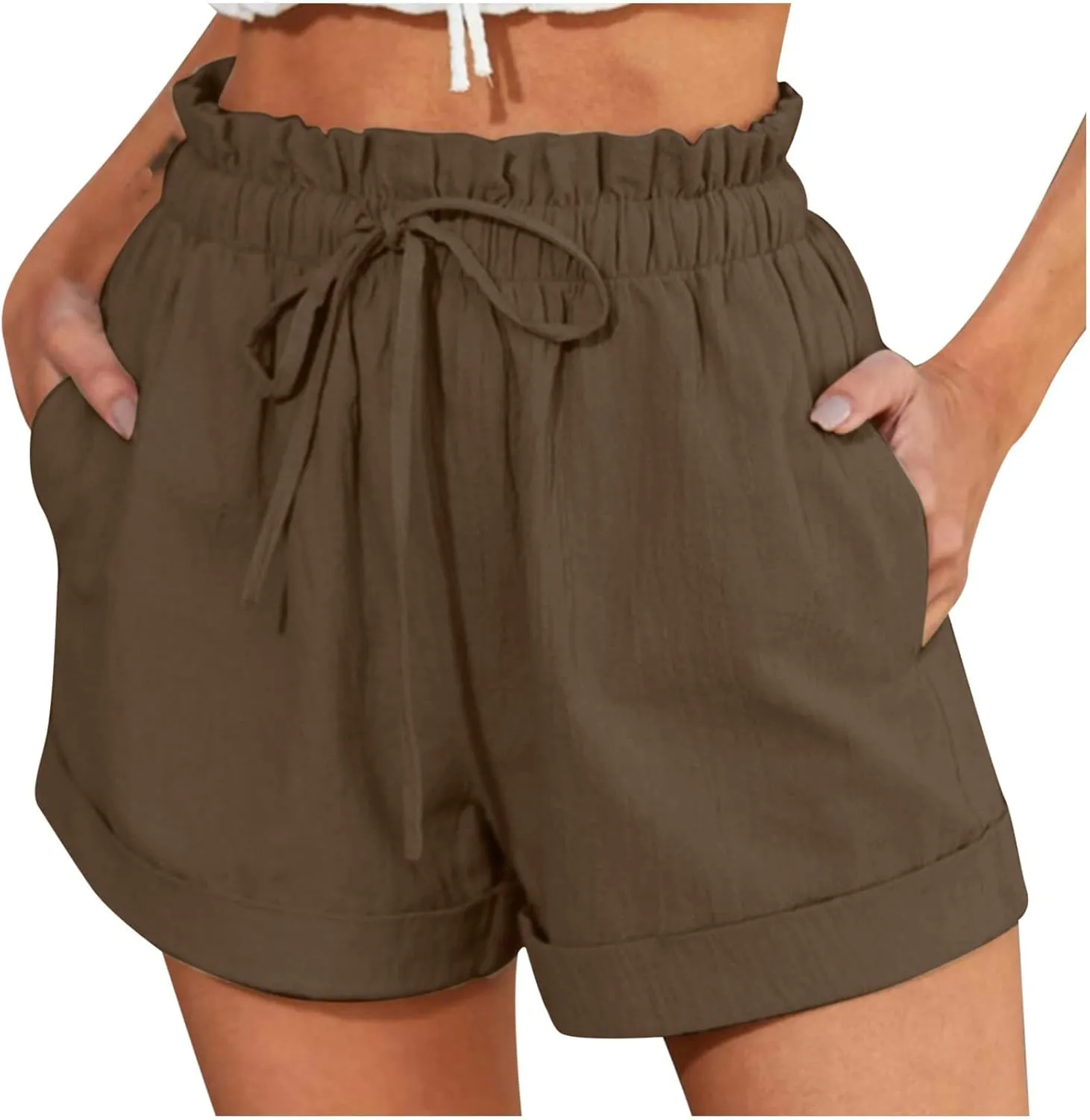 Women Fashion Paperbag Shorts Cotton Linen Elastic Waist Drawstring Comfy Shorts Summer Beach Short Pants with Pocket