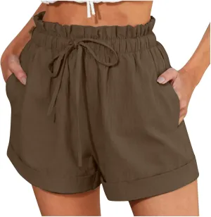 Women Fashion Paperbag Shorts Cotton Linen Elastic Waist Drawstring Comfy Shorts Summer Beach Short Pants with Pocket