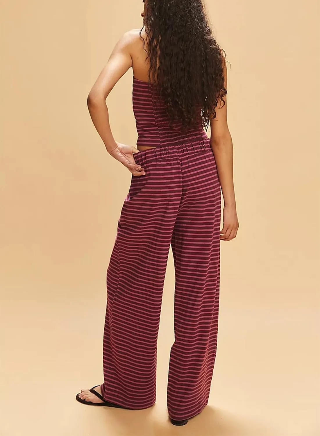 Women Striped Pants Sets 2 Piece Outfits Strapless Tube Tops and Elastic Waist Wide Leg Pants Lounge Set