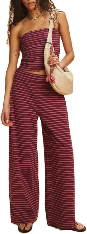 Women Striped Pants Sets 2 Piece Outfits Strapless Tube Tops and Elastic Waist Wide Leg Pants Lounge Set