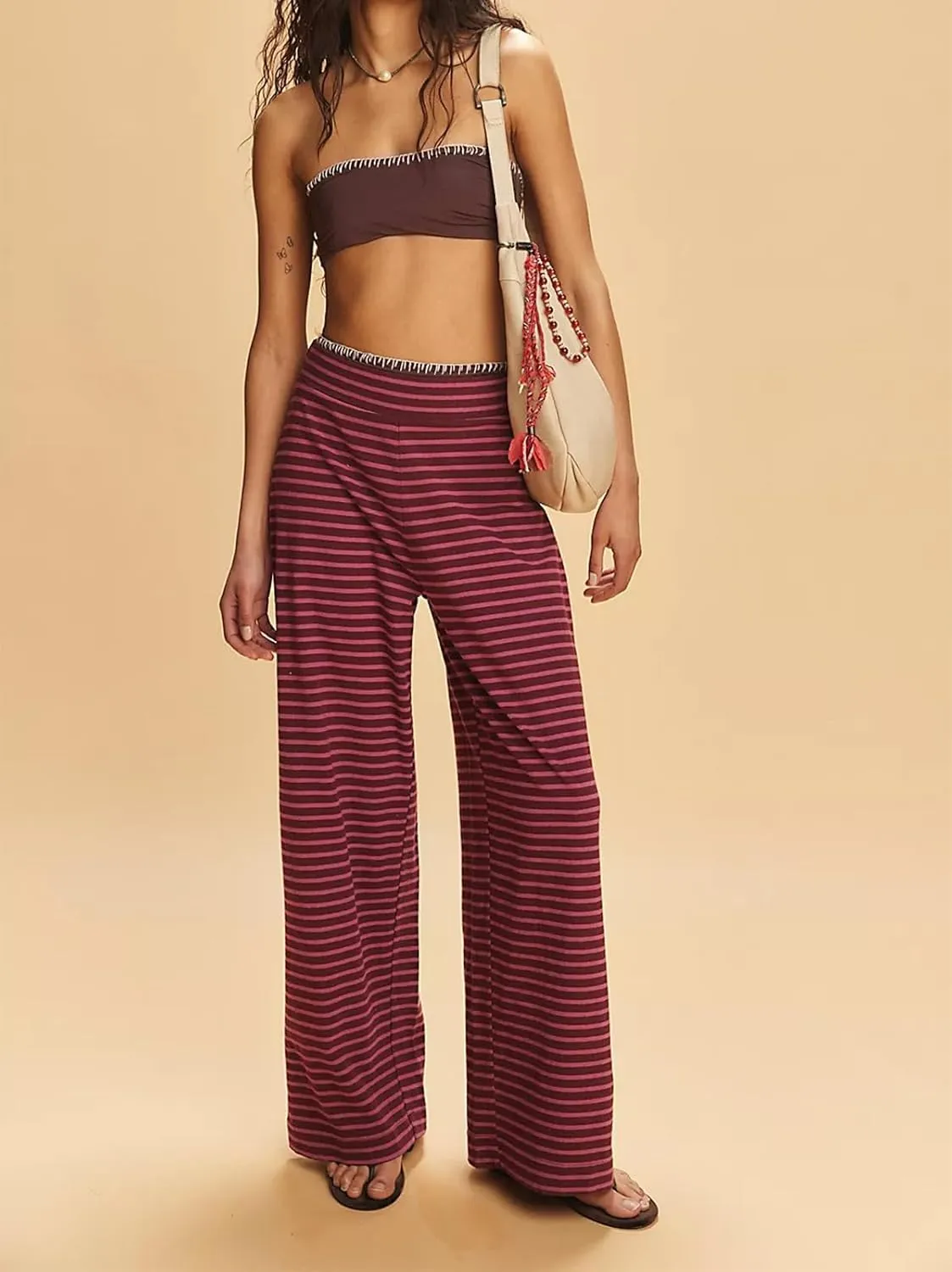 Women Striped Pants Sets 2 Piece Outfits Strapless Tube Tops and Elastic Waist Wide Leg Pants Lounge Set