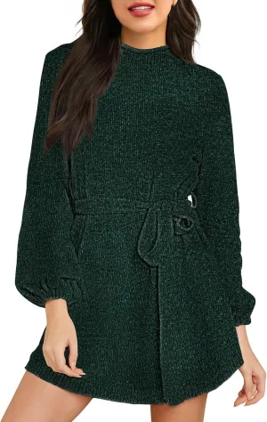 Women's 2024 Fall Winter Elegant Chenille Sweater Dress Mock Neck Long Sleeve Short Dresses with Belt