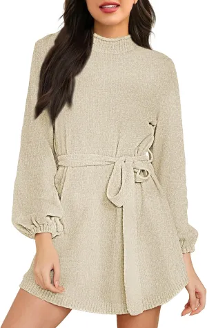 Women's 2024 Fall Winter Elegant Chenille Sweater Dress Mock Neck Long Sleeve Short Dresses with Belt