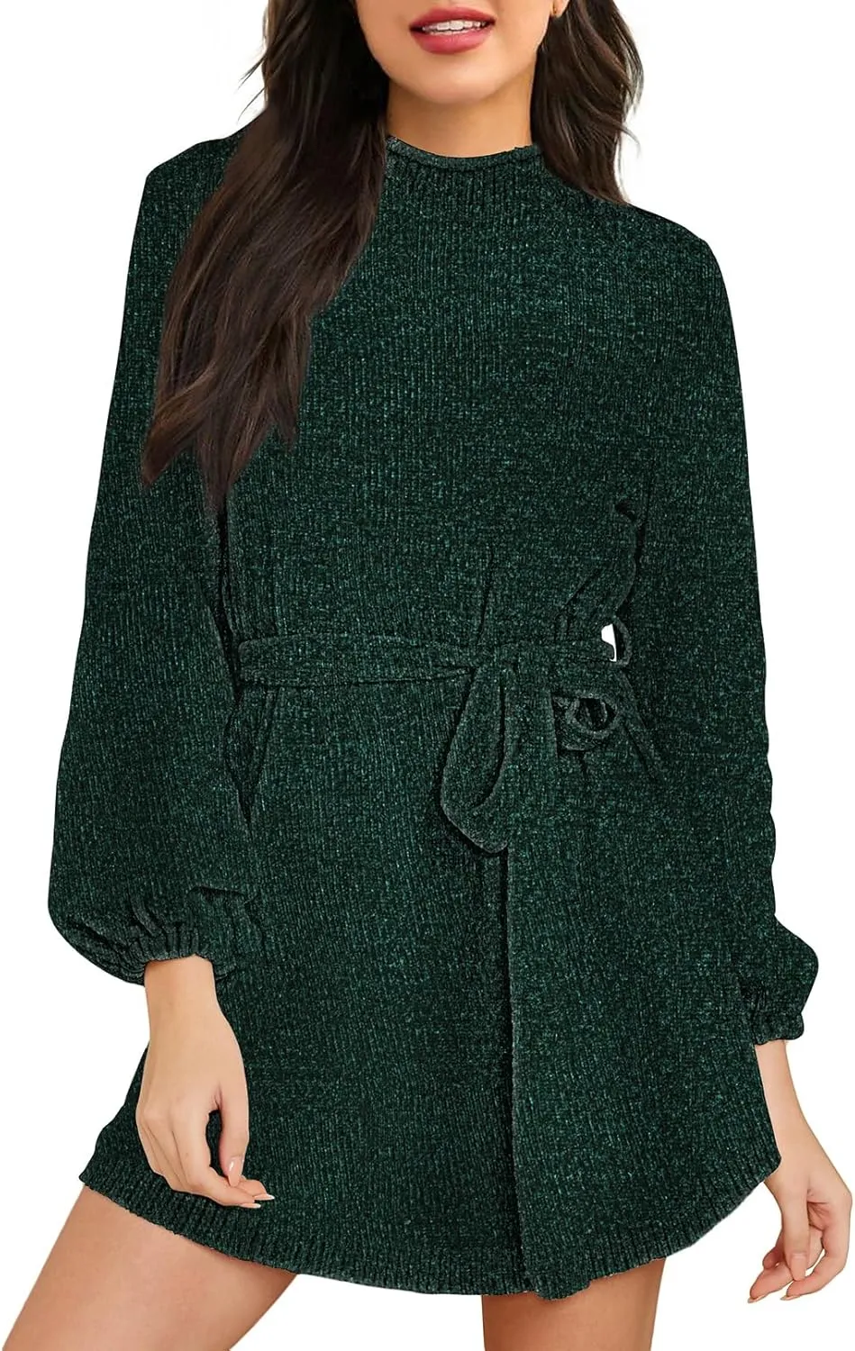 Women's 2024 Fall Winter Elegant Chenille Sweater Dress Mock Neck Long Sleeve Short Dresses with Belt