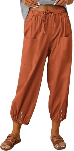 Women's Capri Pants High Waist Drawstring Cinch Bottom with Button Cotton Loose Casual Trouser with Pockets