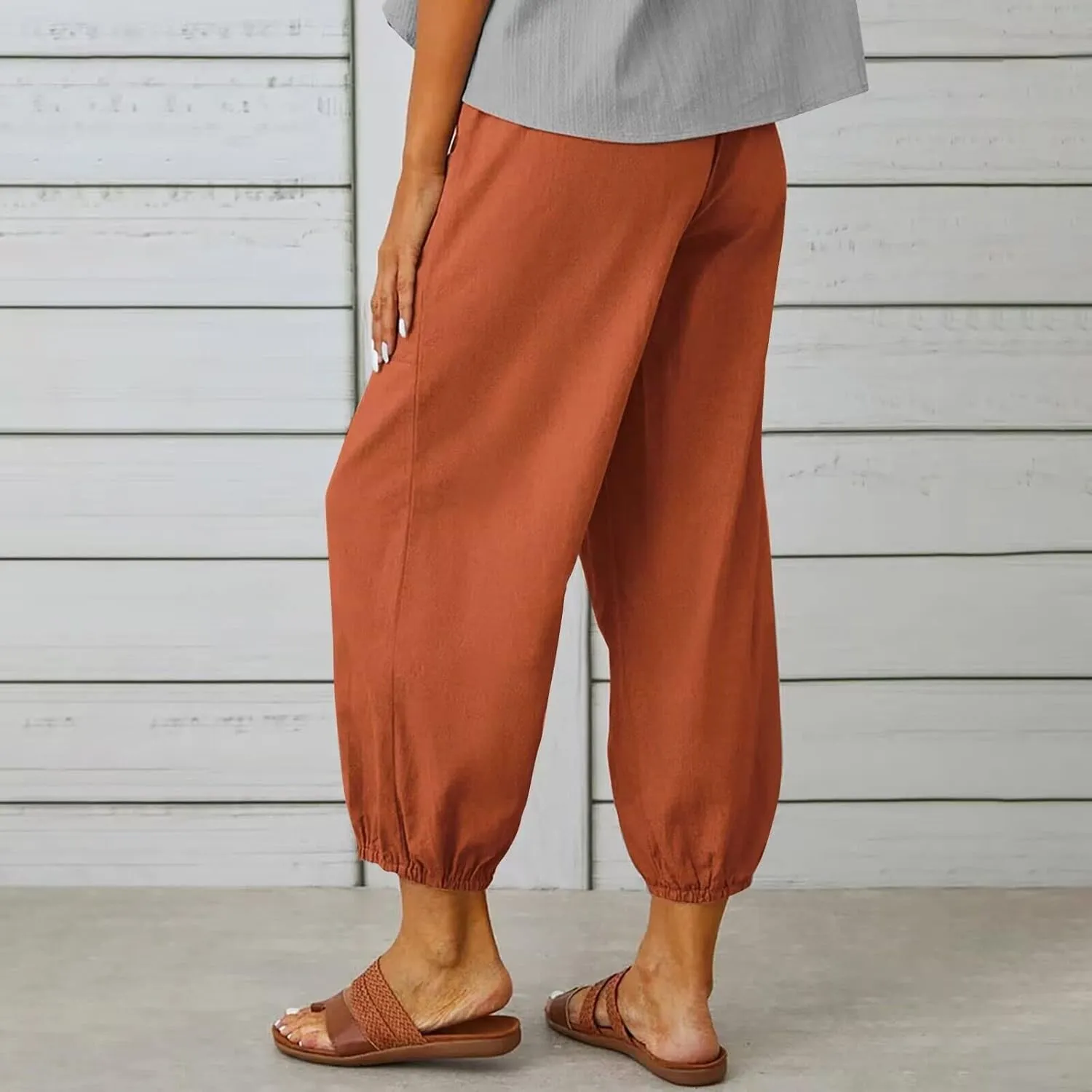 Women's Capri Pants High Waist Drawstring Cinch Bottom with Button Cotton Loose Casual Trouser with Pockets