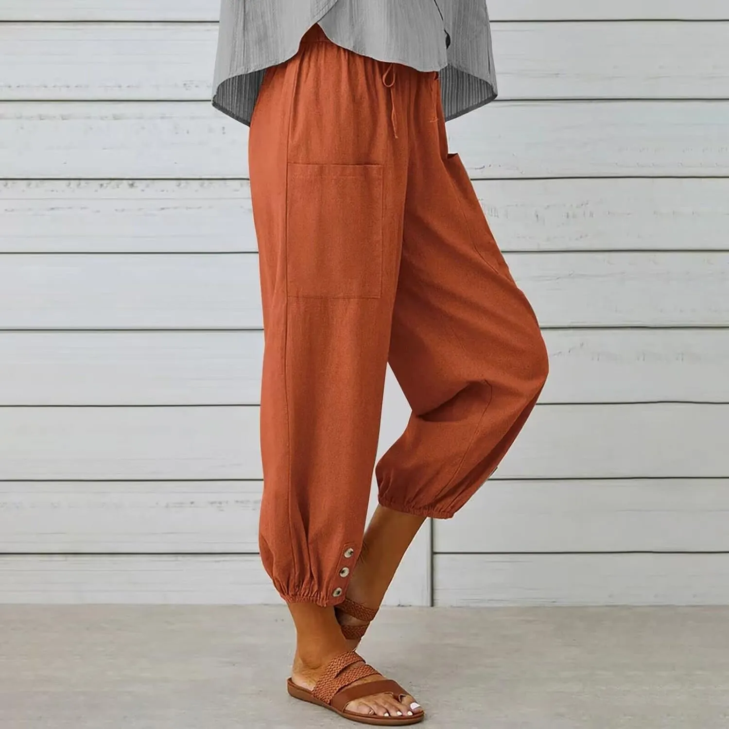 Women's Capri Pants High Waist Drawstring Cinch Bottom with Button Cotton Loose Casual Trouser with Pockets