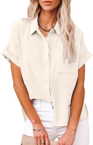 Womens Casual Cotton Linen Button Down Short Sleeve Shirts Solid Summer Beach Blouses Tops with Pocket