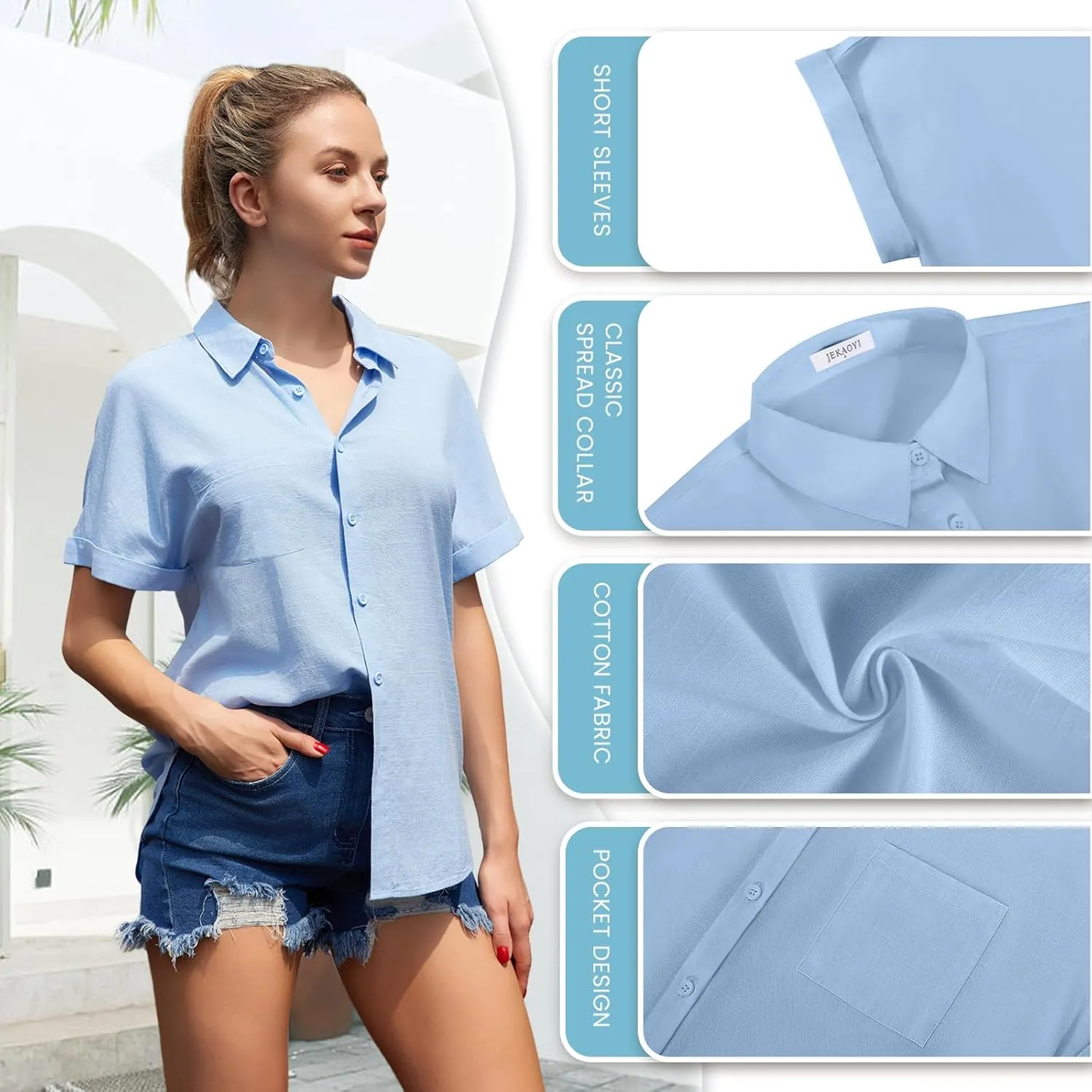 Womens Casual Cotton Linen Button Down Short Sleeve Shirts Solid Summer Beach Blouses Tops with Pocket
