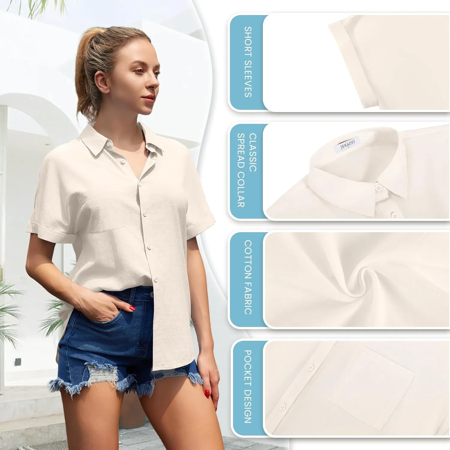 Womens Casual Cotton Linen Button Down Short Sleeve Shirts Solid Summer Beach Blouses Tops with Pocket