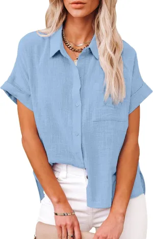 Womens Casual Cotton Linen Button Down Short Sleeve Shirts Solid Summer Beach Blouses Tops with Pocket