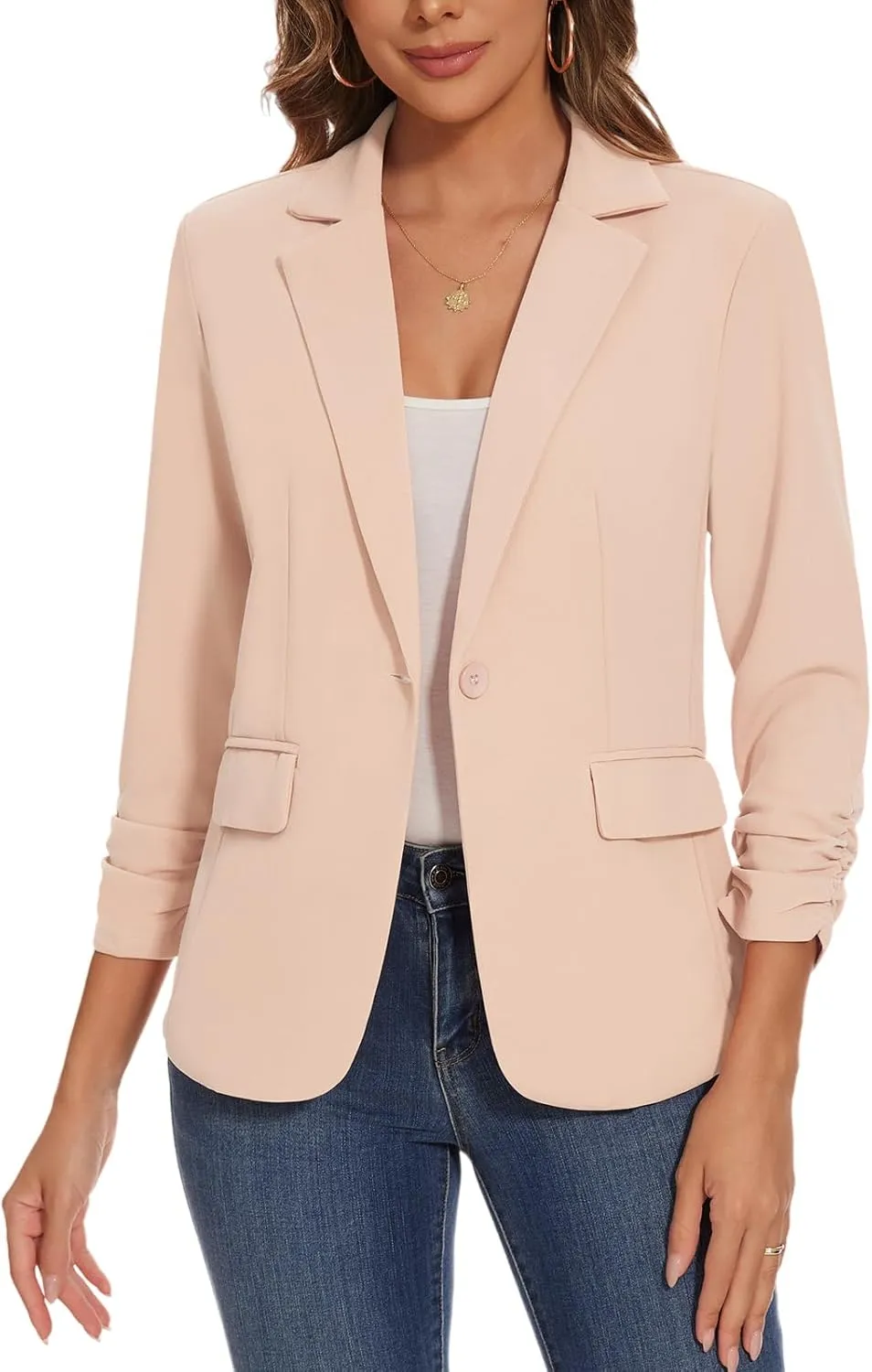 Women's Casual Single Button Front Blazer Ruched 3/4 Sleeve Notched Lapel Office Lightweight Blazers with Pockets