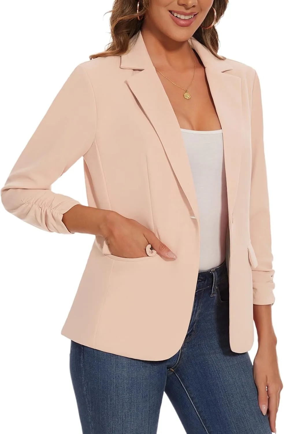 Women's Casual Single Button Front Blazer Ruched 3/4 Sleeve Notched Lapel Office Lightweight Blazers with Pockets
