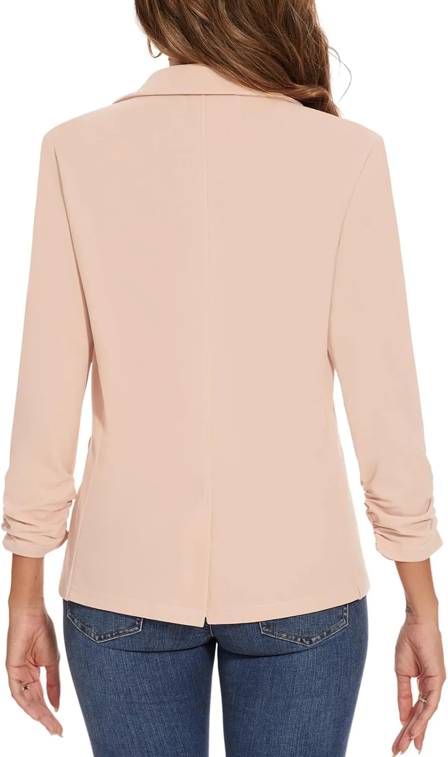 Women's Casual Single Button Front Blazer Ruched 3/4 Sleeve Notched Lapel Office Lightweight Blazers with Pockets
