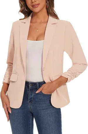 Women's Casual Single Button Front Blazer Ruched 3/4 Sleeve Notched Lapel Office Lightweight Blazers with Pockets