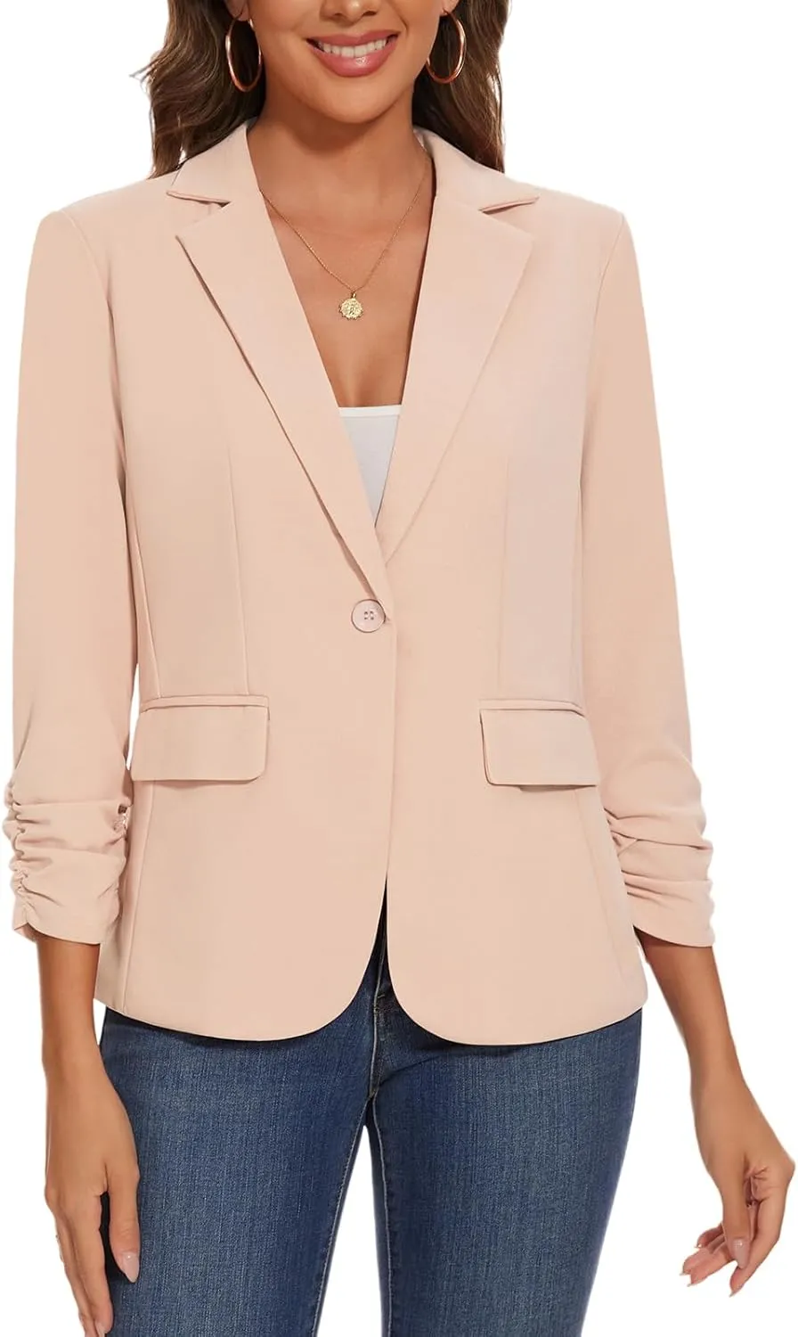 Women's Casual Single Button Front Blazer Ruched 3/4 Sleeve Notched Lapel Office Lightweight Blazers with Pockets
