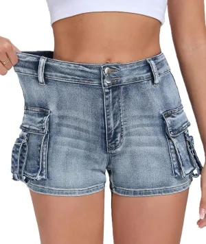 Women's Denim Mini Cargo Shorts Casual Mid Rise High Stretchy Jean Shorts Sexy Booty Shorts with Pockets Y2K