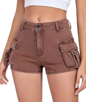 Women's Denim Mini Cargo Shorts Casual Mid Rise High Stretchy Jean Shorts Sexy Booty Shorts with Pockets Y2K
