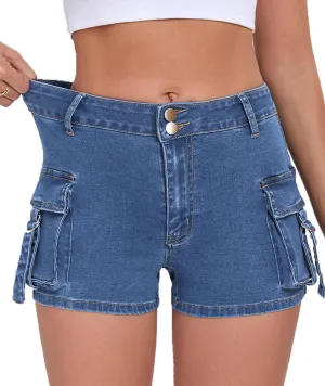 Women's Denim Mini Cargo Shorts Casual Mid Rise High Stretchy Jean Shorts Sexy Booty Shorts with Pockets Y2K