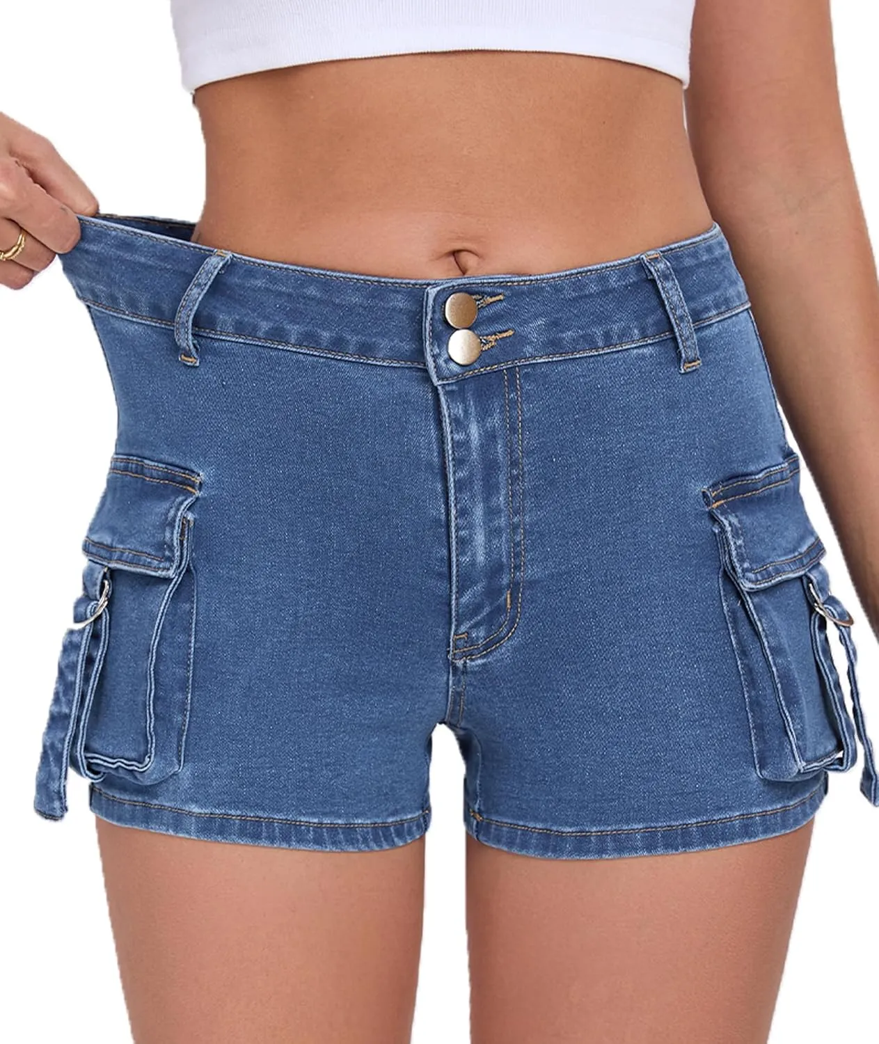 Women's Denim Mini Cargo Shorts Casual Mid Rise High Stretchy Jean Shorts Sexy Booty Shorts with Pockets Y2K