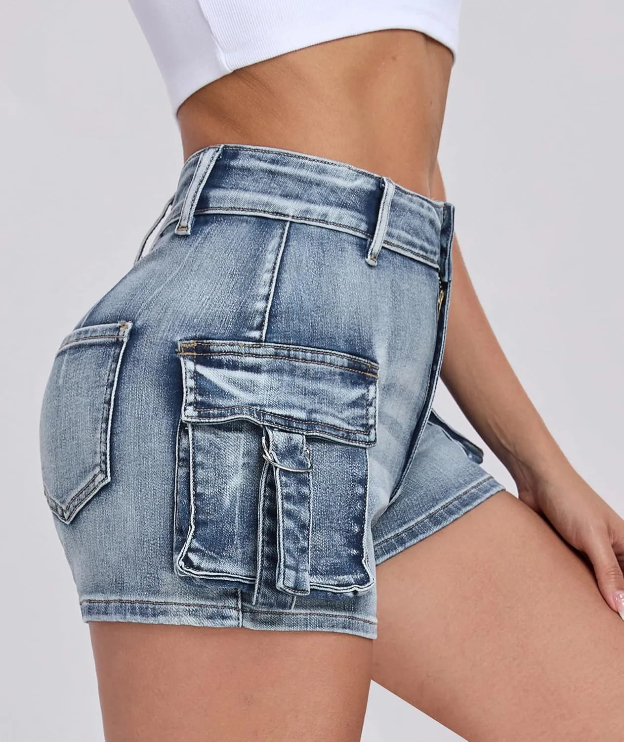 Women's Denim Mini Cargo Shorts Casual Mid Rise High Stretchy Jean Shorts Sexy Booty Shorts with Pockets Y2K