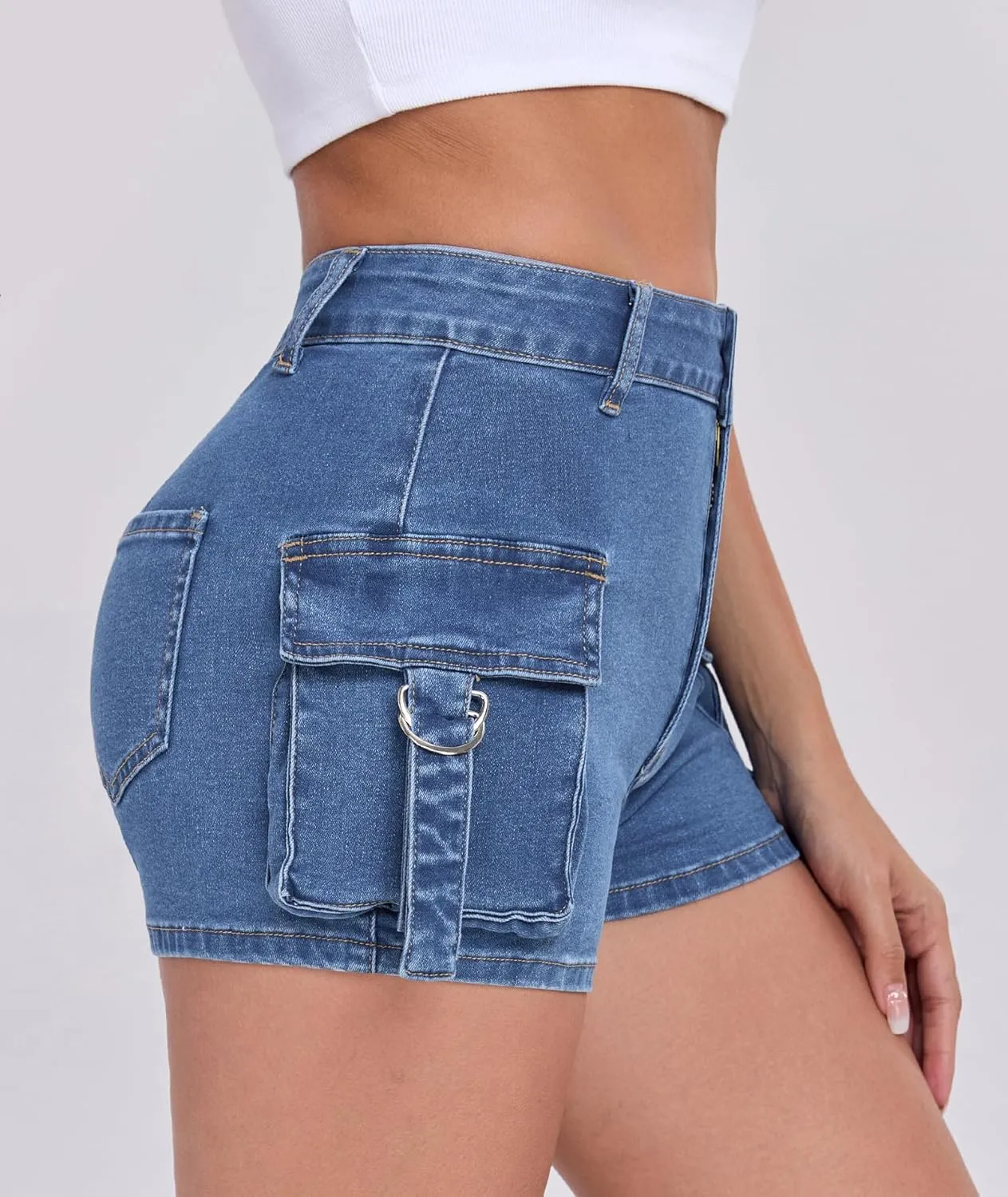 Women's Denim Mini Cargo Shorts Casual Mid Rise High Stretchy Jean Shorts Sexy Booty Shorts with Pockets Y2K