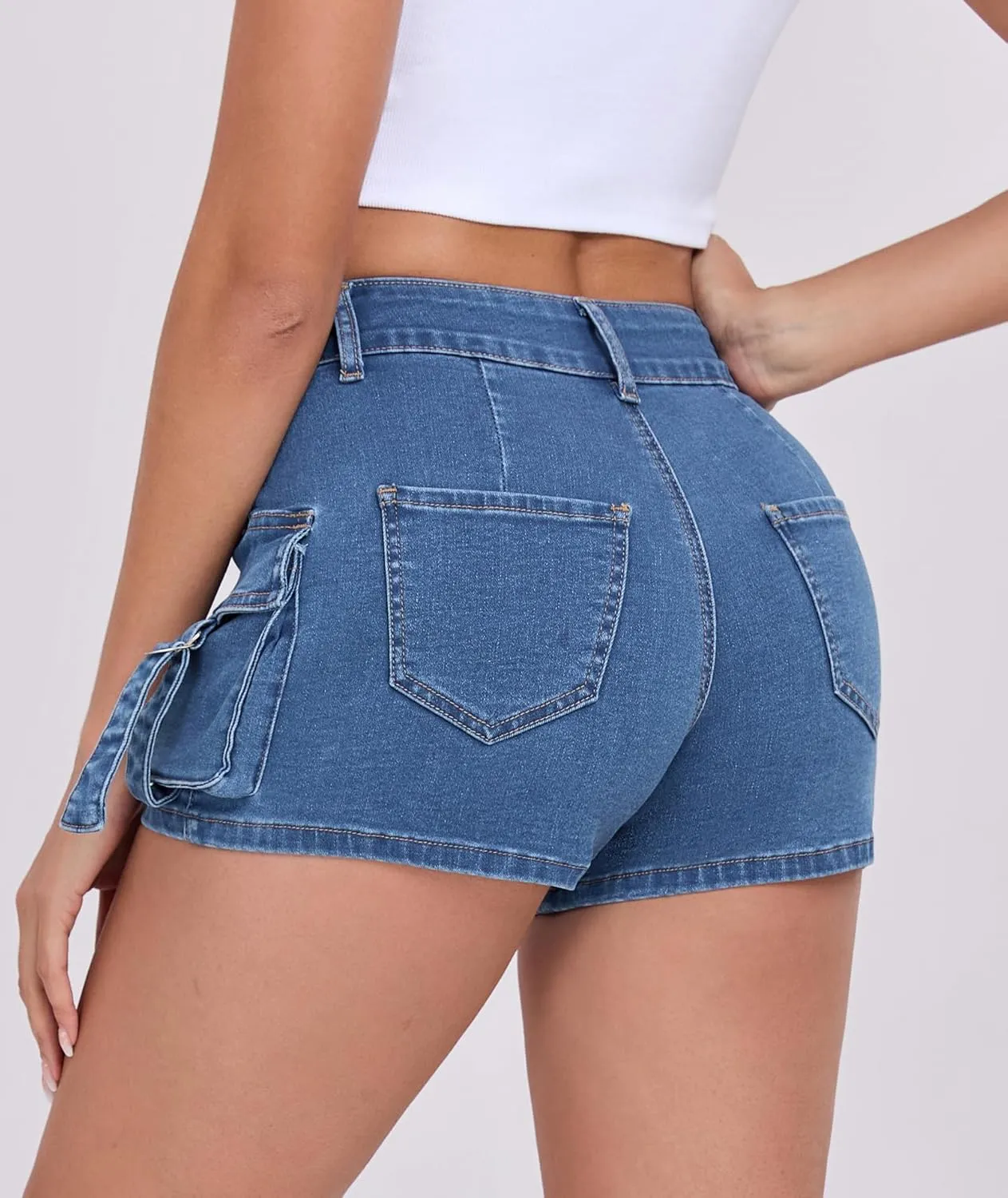 Women's Denim Mini Cargo Shorts Casual Mid Rise High Stretchy Jean Shorts Sexy Booty Shorts with Pockets Y2K
