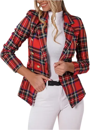 Women's Fashion Elegant Plaid Blazer, Long Sleeve Button Business Jacket Notched Lapel Slim Work Office Blazer Coat