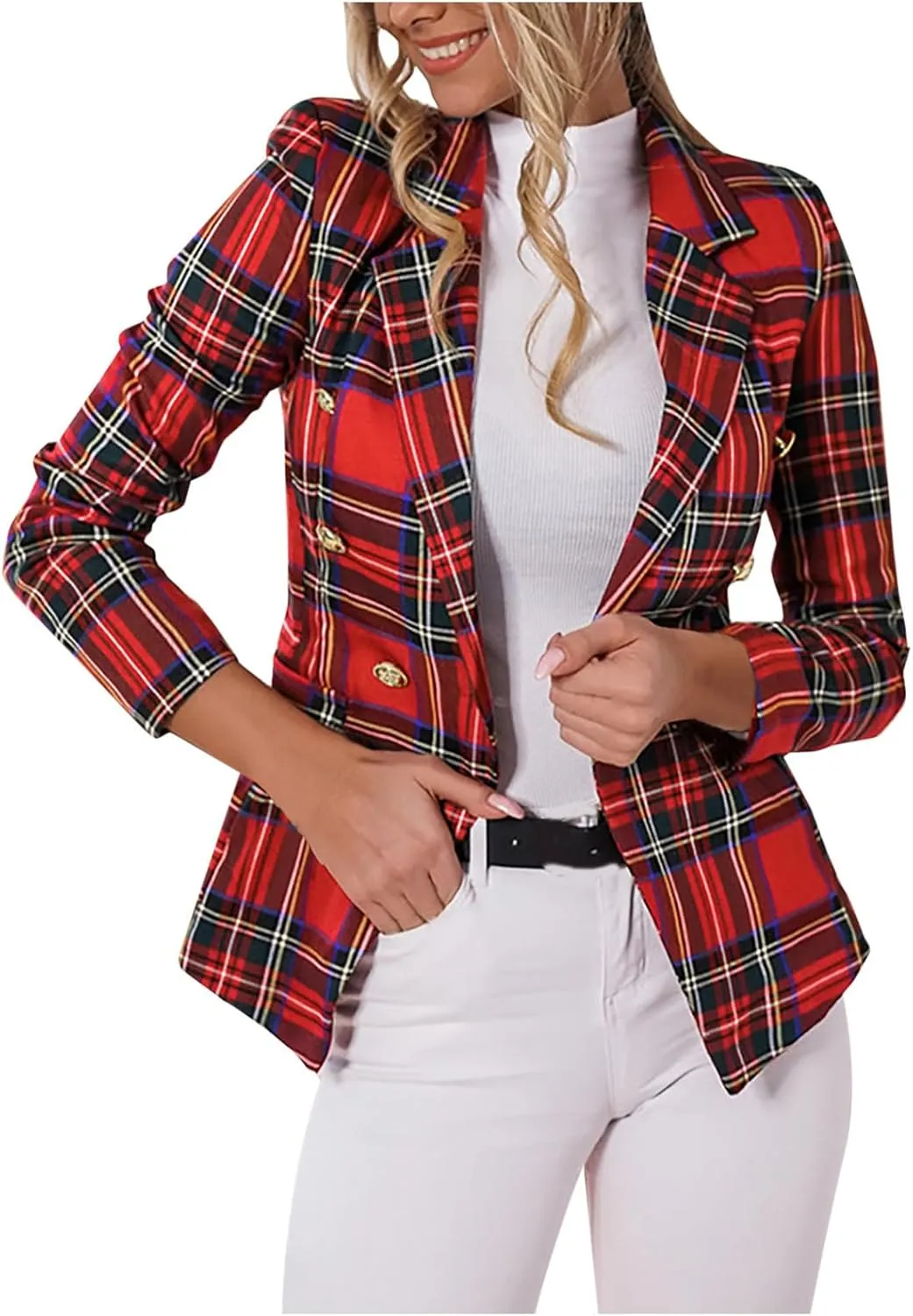 Women's Fashion Elegant Plaid Blazer, Long Sleeve Button Business Jacket Notched Lapel Slim Work Office Blazer Coat