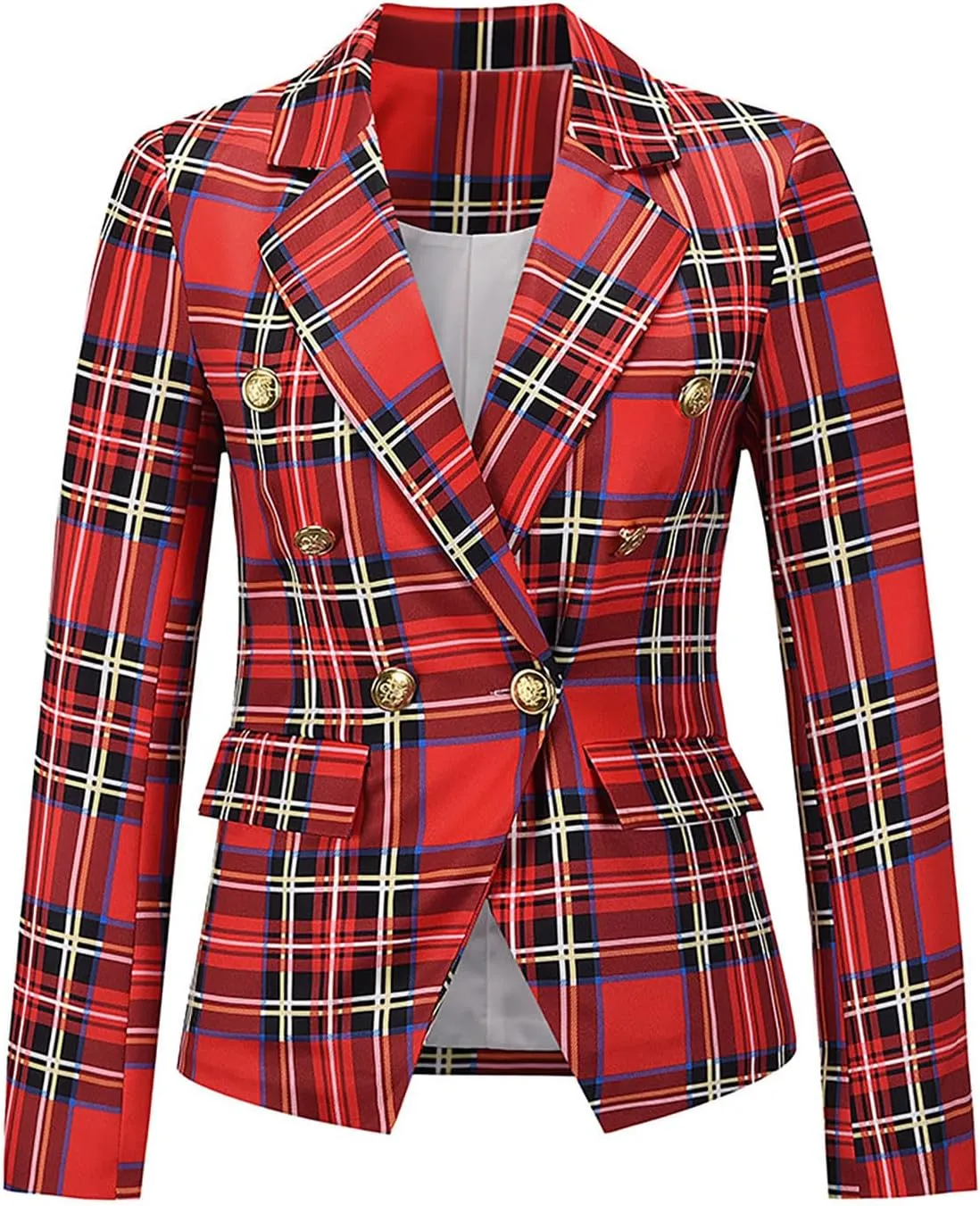 Women's Fashion Elegant Plaid Blazer, Long Sleeve Button Business Jacket Notched Lapel Slim Work Office Blazer Coat