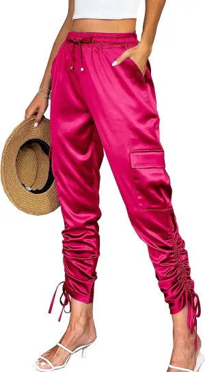 Women's Pocketed Cargo Jogger Satin Pants Dressy Casual High Waist Sweaterpants