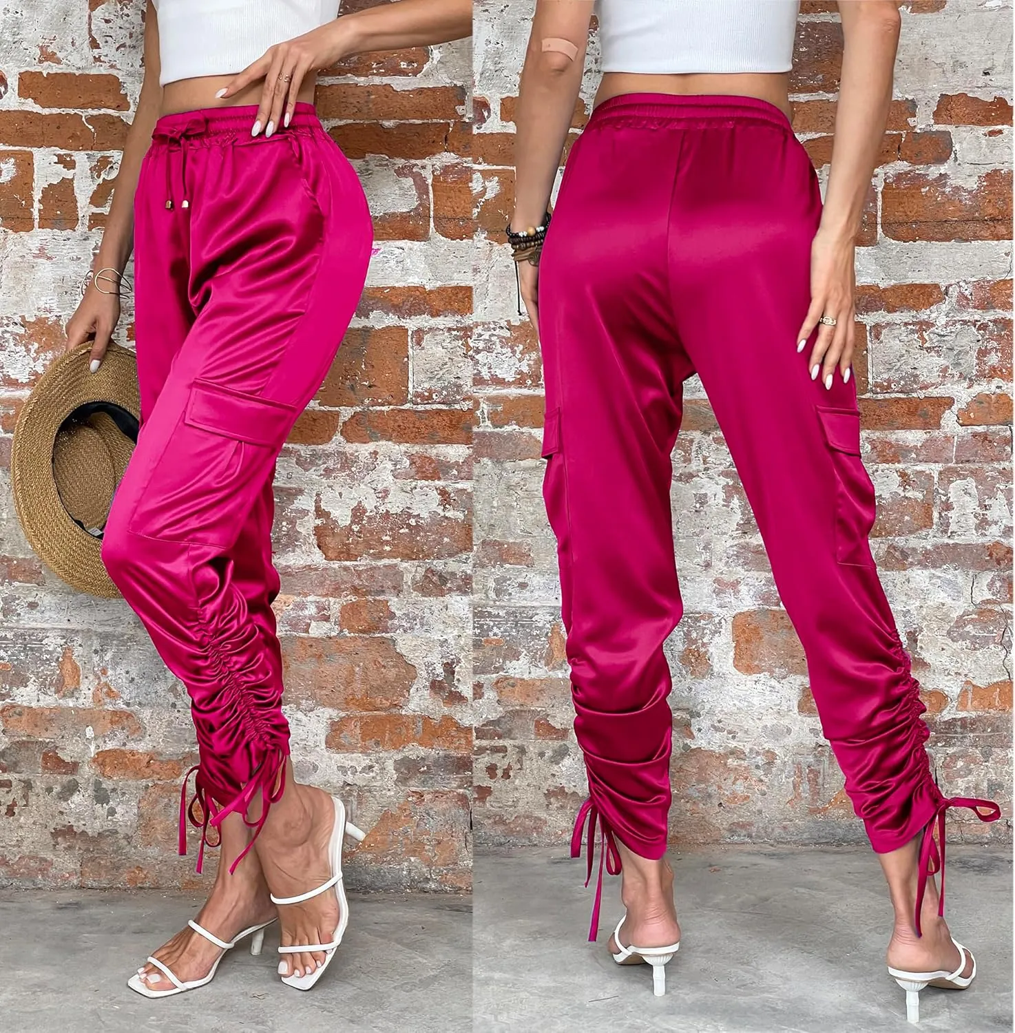 Women's Pocketed Cargo Jogger Satin Pants Dressy Casual High Waist Sweaterpants