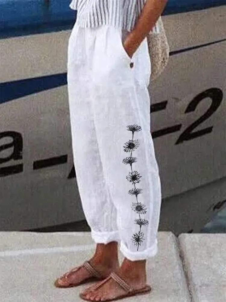 Women's Summer Boho Floral Cotton Linen Casual Loose Pants High Waist Baggy Beach Trousers with Pockets Plus Size
