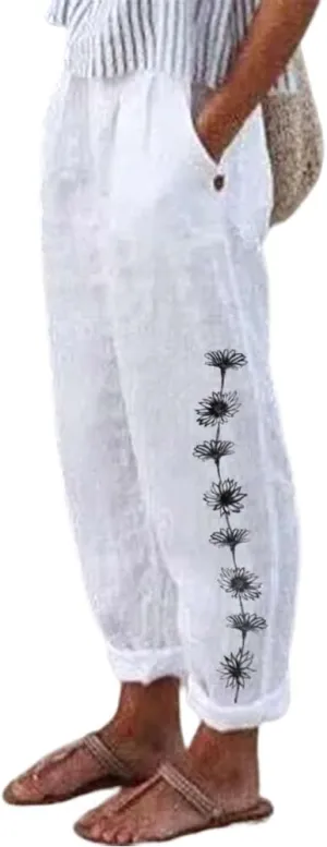 Women's Summer Boho Floral Cotton Linen Casual Loose Pants High Waist Baggy Beach Trousers with Pockets Plus Size