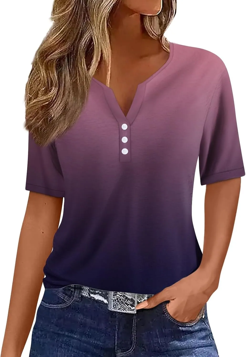 Women'S T-Shirts Button Down Tunic Tops Short Sleeve Floral Blouse Henley V Neck Summer Clothes