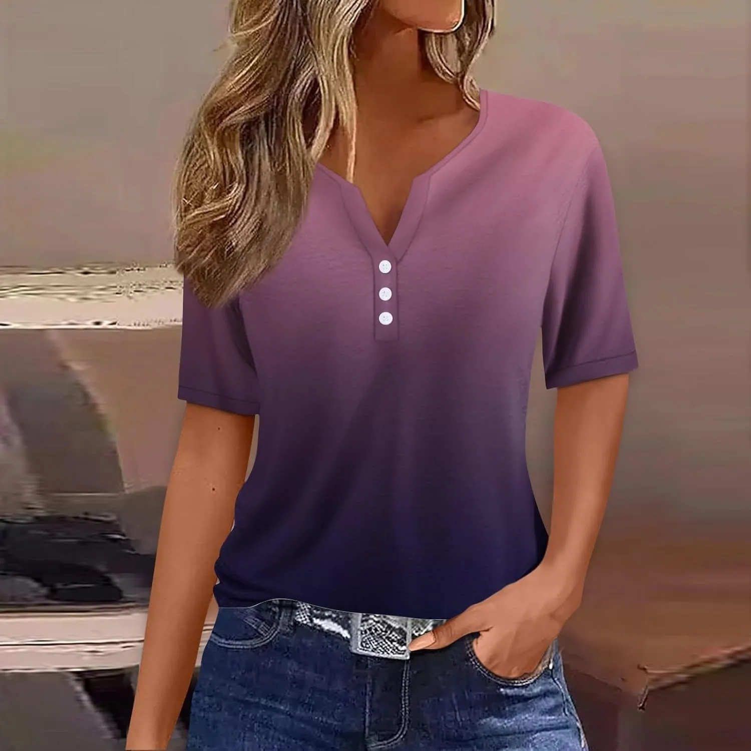 Women'S T-Shirts Button Down Tunic Tops Short Sleeve Floral Blouse Henley V Neck Summer Clothes