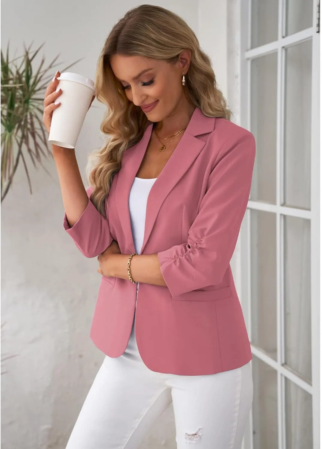Womens Trendy Ruched 3/4 Sleeve Blazers Casual Business Blazer Button Open Front Work Office Suit Jacket with Pocket