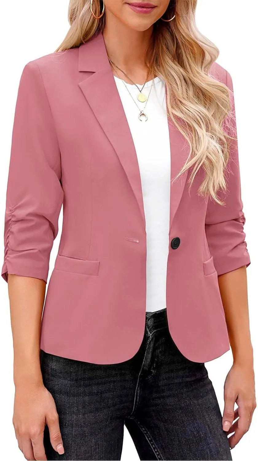 Womens Trendy Ruched 3/4 Sleeve Blazers Casual Business Blazer Button Open Front Work Office Suit Jacket with Pocket