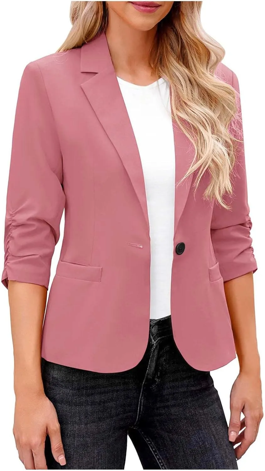 Womens Trendy Ruched 3/4 Sleeve Blazers Casual Business Blazer Button Open Front Work Office Suit Jacket with Pocket