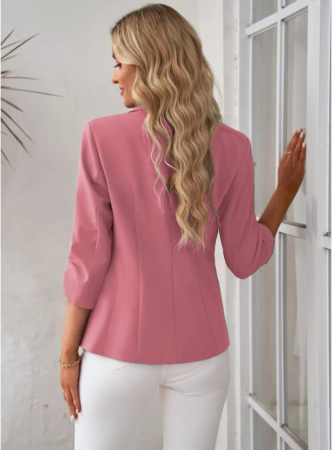 Womens Trendy Ruched 3/4 Sleeve Blazers Casual Business Blazer Button Open Front Work Office Suit Jacket with Pocket